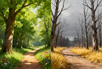 Obraz premium Contrasting seasons landscape with lush summer and barren winter pathways