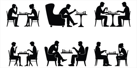 Silhouettes of people playing chess in various settings and poses Keywords: chess, people, silhouette, game, board game