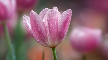 Delicate Pink Tulip with Fresh Dew Drops Against a Soft Blurred Background in a Garden Setting During Spring Season