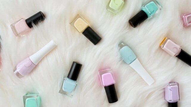 Colorful bottles of gel nail polishes. Manicure cover, uv gel, enamel, varnish with brush. Beauty salon, nail care product. Manicure concept. High quality 4k footage