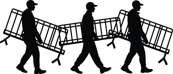 Three Silhouetted Men Carrying Crowd Control Barriers On White Keywords: crowd control, barrier, security, police, protest