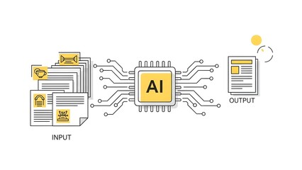 Artificial Intelligence processing diverse data inputs into meaningful outputs, conceptual diagram of AI workflow.