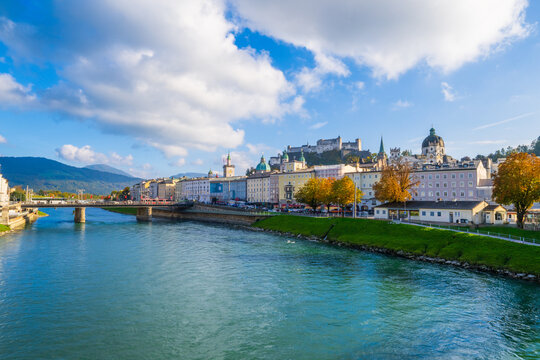 City of Salzburg with Salzach River and Fortress Hochensalzburg in the fall season.