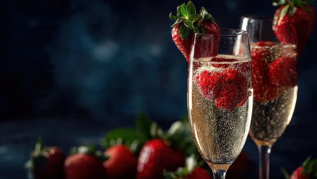 Close-up of elegant champagne flute filled with golden sparkling wine, garnished with fresh red strawberry, set against a dramatic, moody dark blue background with bokeh.