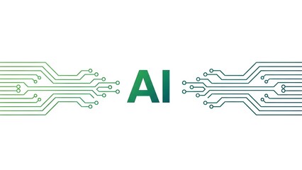 AI with modern circuit board design, green to blue gradient lines, illustrating artificial intelligence, digital technology, and interconnected systems.