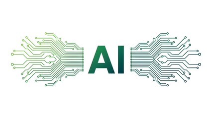 Artificial Intelligence (AI) concept with vibrant green circuit board patterns symbolizing data flow and computational power, modern digital technology design.