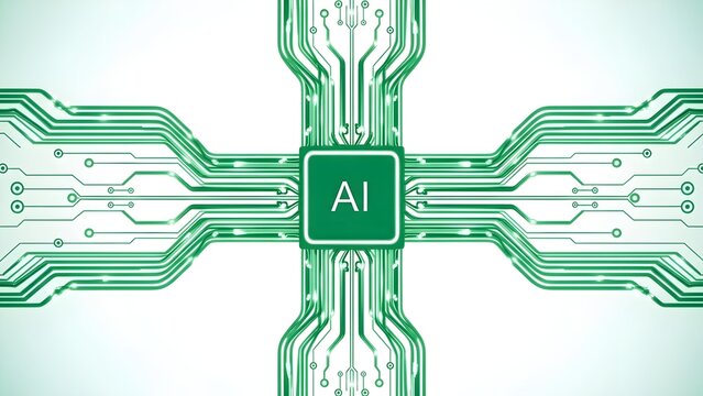 Artificial intelligence AI processor chip with glowing green circuit board traces representing digital computing and neural network technology concept - Powered by Adobe