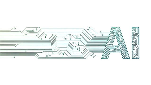 Circuit board design forming 'AI' letters with question marks, symbolizing Artificial Intelligence, technological innovation, and future challenges. - Powered by Adobe
