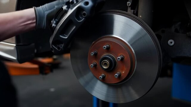 brake disc with caliper during car repair 
