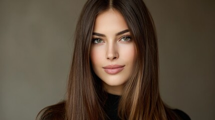 Fototapeta premium Beautiful young woman with long brown hair and captivating green eyes posing confidently against a soft neutral background in natural light