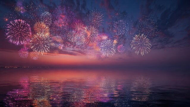 Grand celebration fireworks display reflecting spectacularly over the tranquil ocean surface at twilight. Vibrant bursts of color against the dramatic sunset sky backdrop.