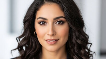 Intelligent Woman's Gaze: A captivating close-up portrait of a woman of intelligence, radiating confidence and grace with her subtle smile and captivating gaze.