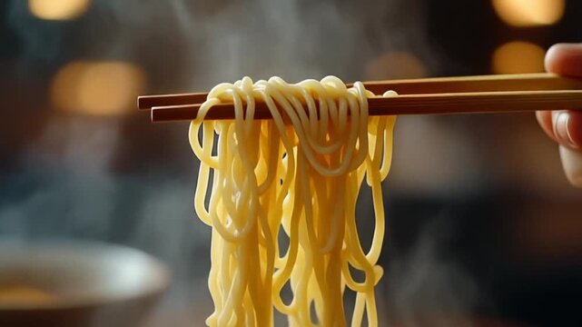 Steaming noodles lifted by chopsticks, mp4 video. AI