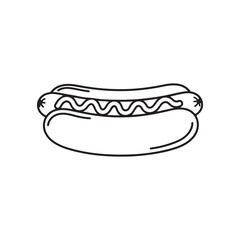 A simple line drawing of a hot dog with wavy condiments on a bun