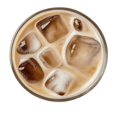 Iced Coffee with Ice Cubes Top View Isolated on Transparent Background
