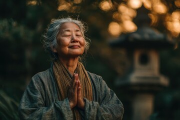Asian old woman meditating in a public park under natural sunlight at noon, achieving calmness and practicing mindfulness