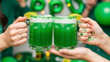 Emerald Brews: A festive photo of a close-up showcasing hands holding up two green-colored drinks, each garnished with a lime slice, evoking feelings of festivity and merriment.