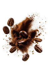 Coffee Beans with Ground Coffee Splash Isolated on Transparent Background
