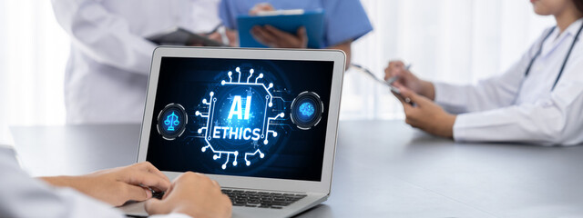 AI ethics responsibility standard law and rules on computer screen provide report of AI ethic transparency preventing technology crime. brisk