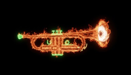 Trumpet glows with stylized flames and neon highlights against a deep black background, resulting in high contrast and energetic motion. Large empty dark areas provide copyspace and available space fo