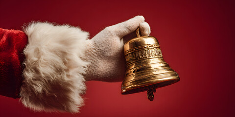 Santa Claus hand ringing vintage gold bell on red background lifestyle minimal