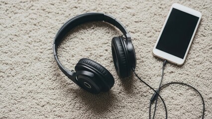 Black headphones smartphone connected on textured carpet background. Headphones smartphone setup includes modern audio gear and mobile communication device with blank screen.