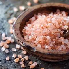 Pink Himalayan Salt Crystals in Brown Ceramic Bowl on Dark Wooden Table © SyedIstaqbal