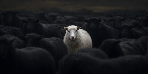 Lone white sheep amidst black flock nature minimal