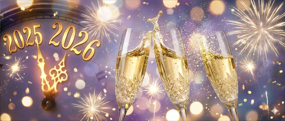 New year's eve scene with a clock showing midnight, a champagne toast, and bright fireworks.