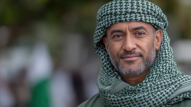 Portrait of a Saudi man wearing traditional thaub and kufiya, representing Saudi culture, heritage and national identity. Saudi National Day celebration