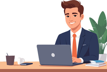A clean flat illustration of a smiling young businessman in a suit working on a laptop at a minimalist desk against