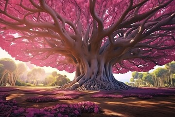Giant pink banyan tree in the park with city view