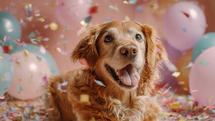 Joyful spaniel-type dog celebrating a birthday party, surrounded by colorful flying confetti and pastel balloons against a pink background, festive pet portrait.