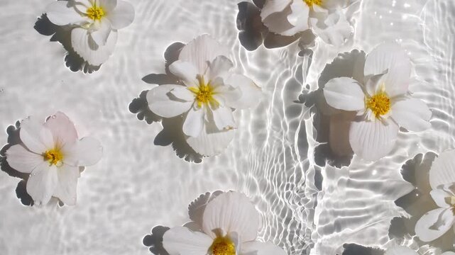 White Jasmine, Chamomile flowers on water surface waves on White background. Water splash. Pure water with reflections sunlight and shadows. Valentines day texture. . High quality 4k footage