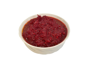 The boiled beet salad is served in a small deep bowl.