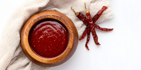 Wooden bowl with red zhug sauce and dried peppers lifestyle minimalist