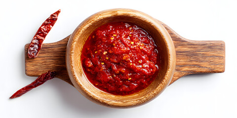 wooden bowl with red zhug thick sauce and dried hot pepper overhead lifestyle minimalist