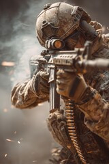 Obraz premium Tactical Soldier Firing Rapid-Fire Weapon in Foggy Battlefield