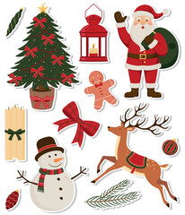 Vector winter season sticker pack. Christmas festive symbols and design elements - Christmas tree, lantern, Santa Claus, candles, gingerbread cookie, bow, snowman, reindeer, spruce branch and tree orn