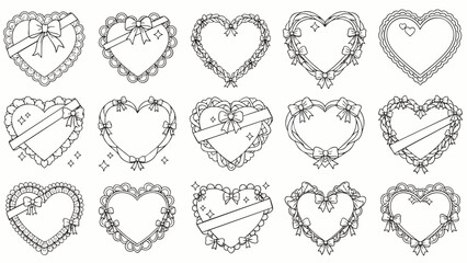 Set of decorative heart frames with bows, ribbons, and lace details in black and white line art vector illustration. Cute romantic scrapbook elements for design.