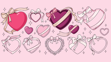Charming collection of romantic heart shapes with elegant ribbons and bows in pink and purple, ideal for Valentine's Day, love, and celebration designs.