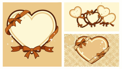 Elegant vintage heart frames and borders with brown ribbons and bows, perfect for romantic designs, Valentine's Day, wedding invitations, and love-themed greetings.