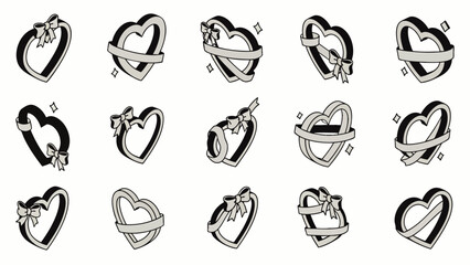 Collection of stylized heart icons with ribbons and bows, perfect for Valentine's Day or love-themed designs.