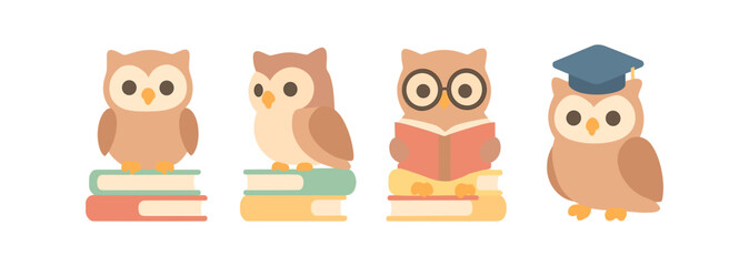Cute owls on books in flat style: reading, learning, graduation, and education theme