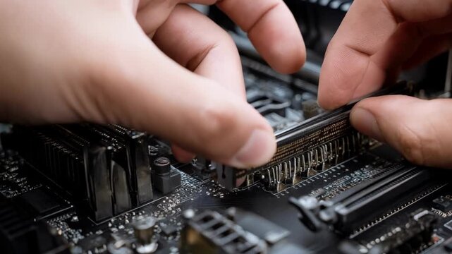 Midtower PC being upgraded with new RAM sticks showing hands securing modules into DIMM slots for better gaming experience