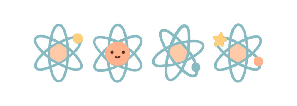 Cute atomic structure with smiling faces and decorative elements