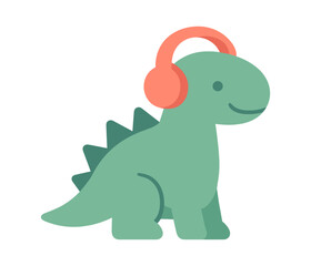 Cute cartoon dinosaur with headphones in flat style