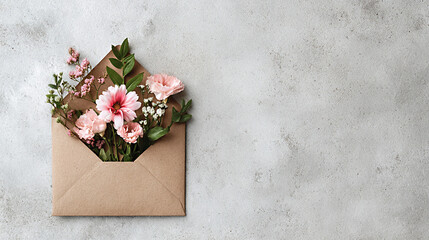 Floral arrangement of pink flowers and greenery emerging from a brown envelope on a textured gray background, symbolizing love and connection with copy space