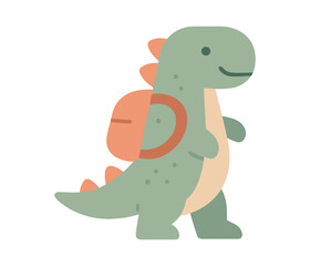 Obraz premium Cute cartoon dinosaur with backpack walking in flat design