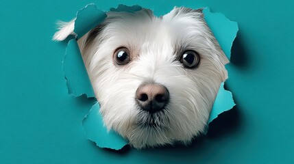Adorable white dog peeking through paper hole with cute expression on solid teal background, playful